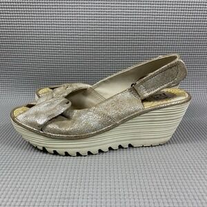 Fly‎ London Yakin Rose Gold Glittery Peep Toe Slingback Wedge Sandal Womens 37